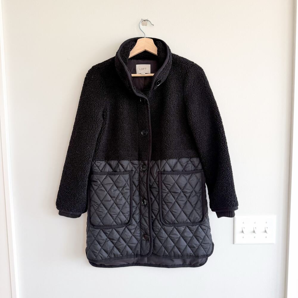 Loft Sherpa Quilted Panel Button Front Mid-Length Jacket Black XXS Petite